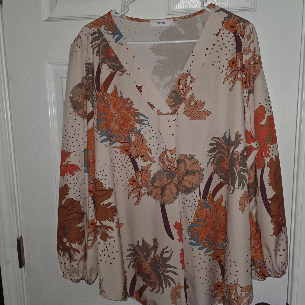 Floral V-Neck Blouse - Cream with Orange and Brown Accents